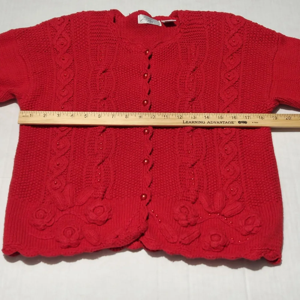 Vtg Red Cable Knit Heavy Cardigan Beaded Floral Academia Button Closure Medium